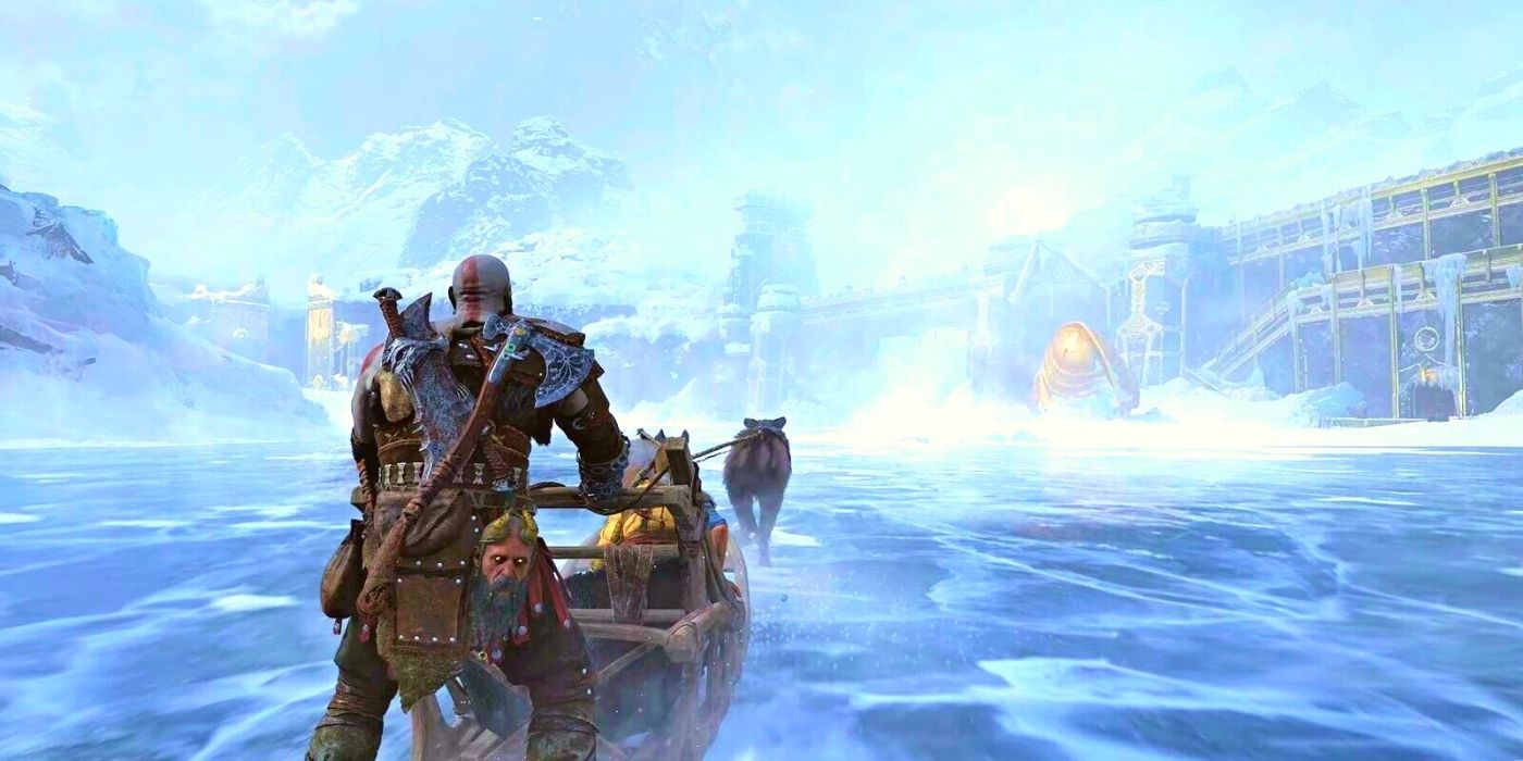 Kratos riding on his sled pulled by wolves in god of war ragnarok.