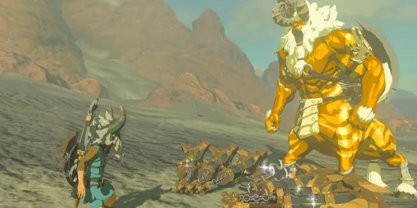 Link lutando contra um Gold Lynel de Breath of the Wild
