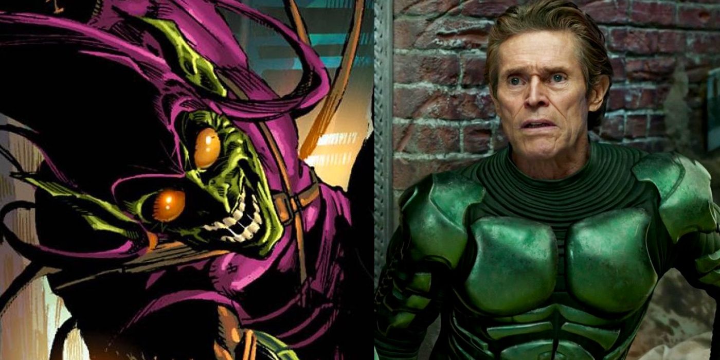 Comic Green Goblin on glider, cackling, and Willem Dafoe as Norman Osborn in No Way Home speaking with his darker half