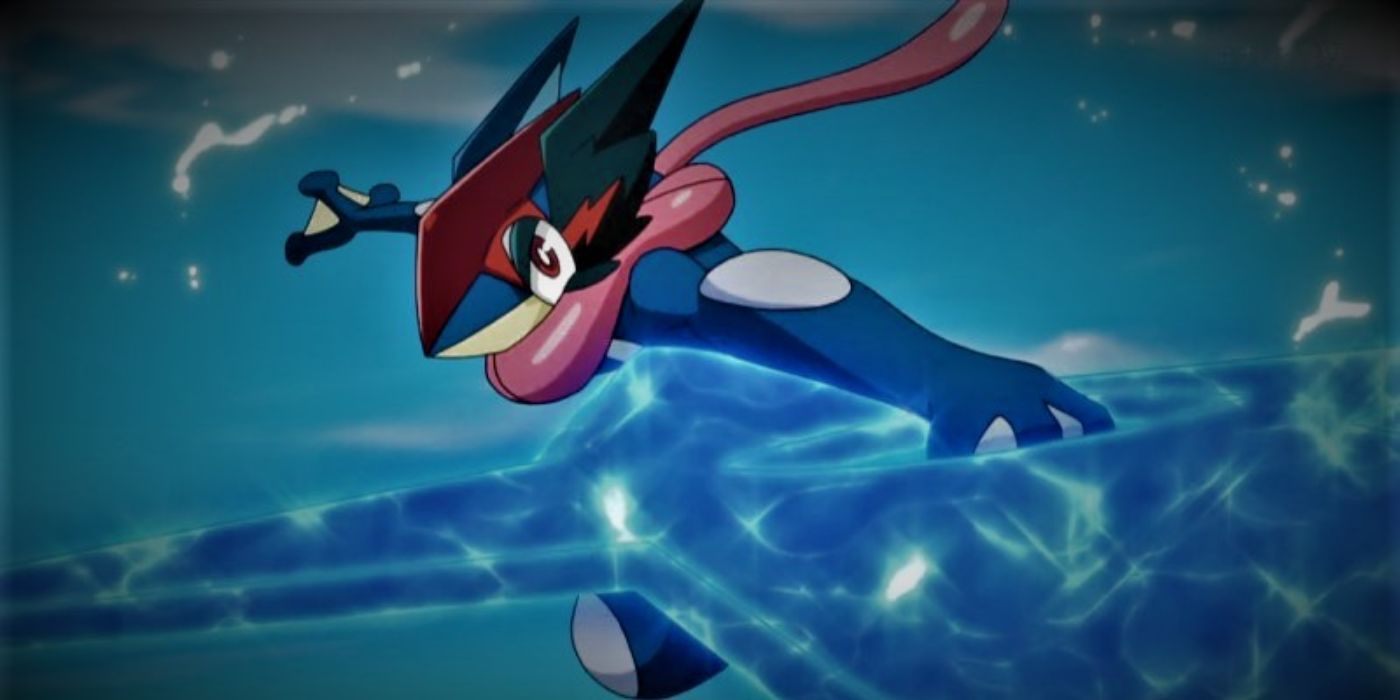 O Greninja de Ash forma uma shuriken de água no anime Pokémon 