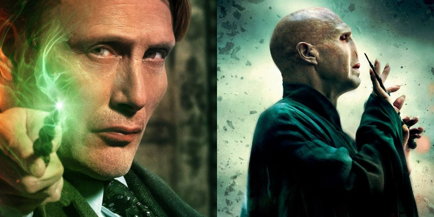 a split image showing Grindelwald holding a wand on the left and Voldemort holding a wand on the right from Harry Potter and Fanstastic Beasts