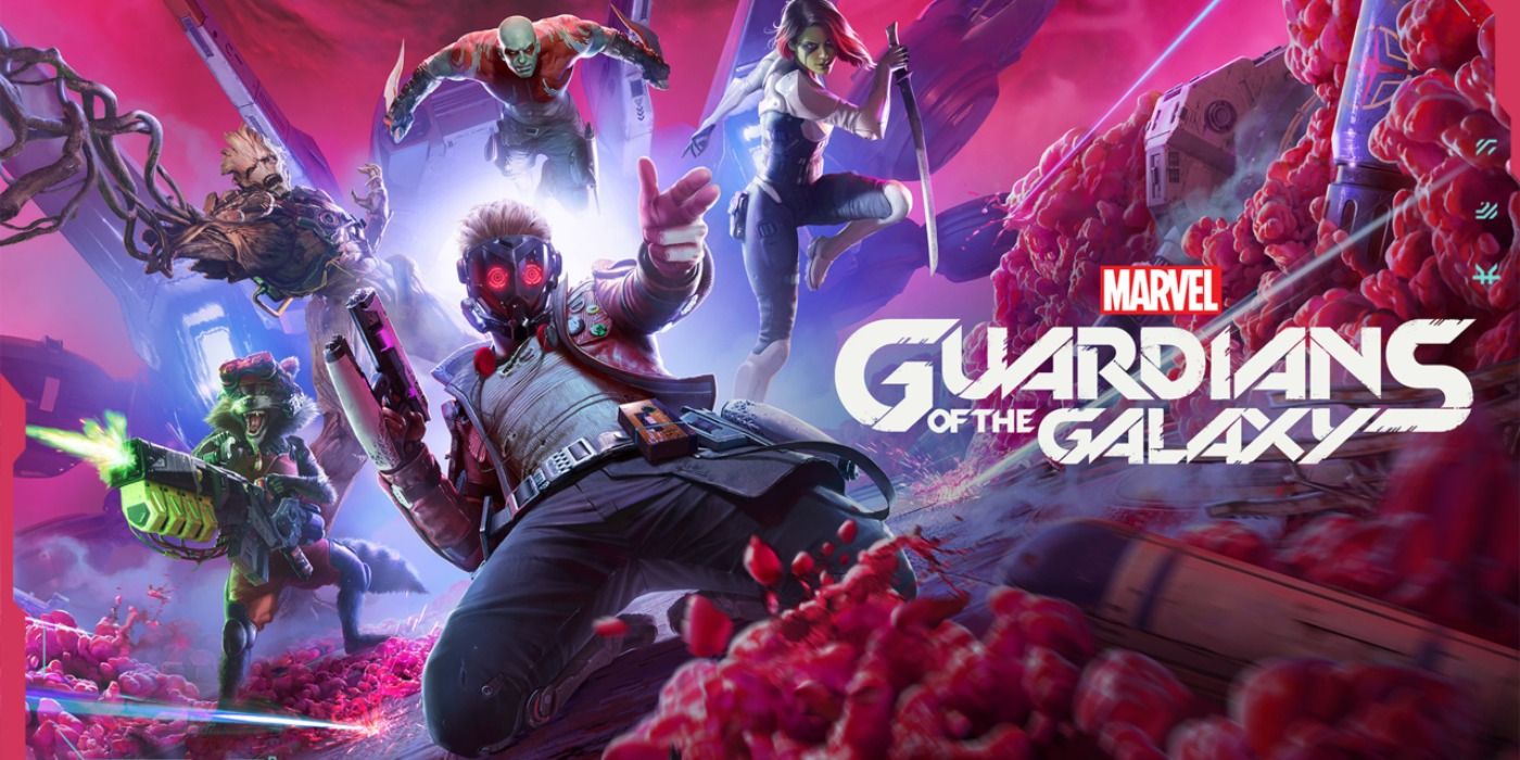 The titular Guardians of the Galaxy in action poses in the game's promo art
