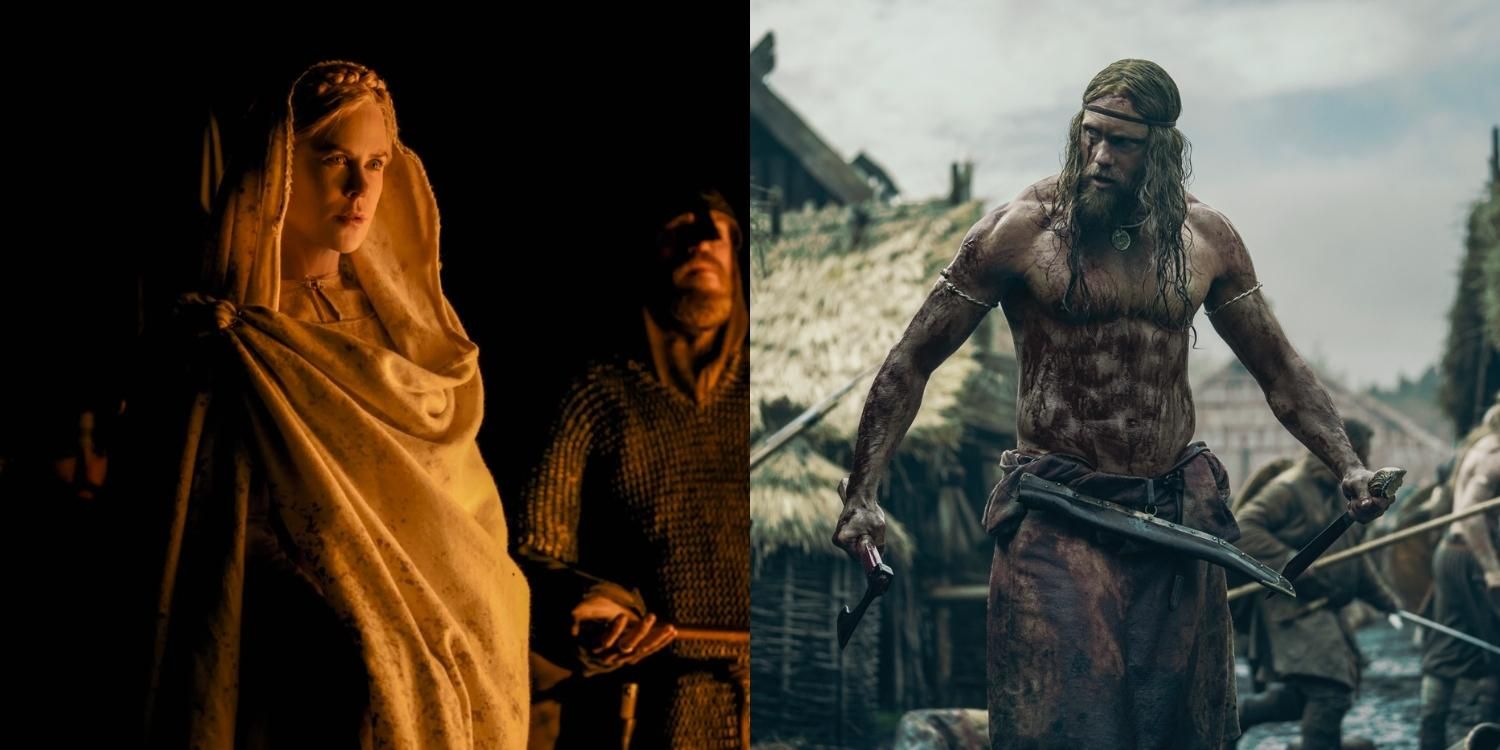 Gudrun highlighted by fire and Amleth covered in blood in The Northman