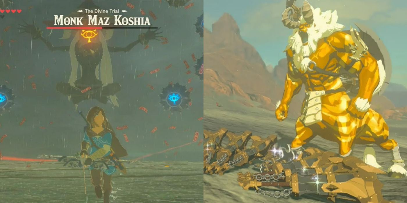 A split image showing Link battling Monk Maz Koshia on the left and The Gold Lynel on the right from Zelda Breath of the Wild.