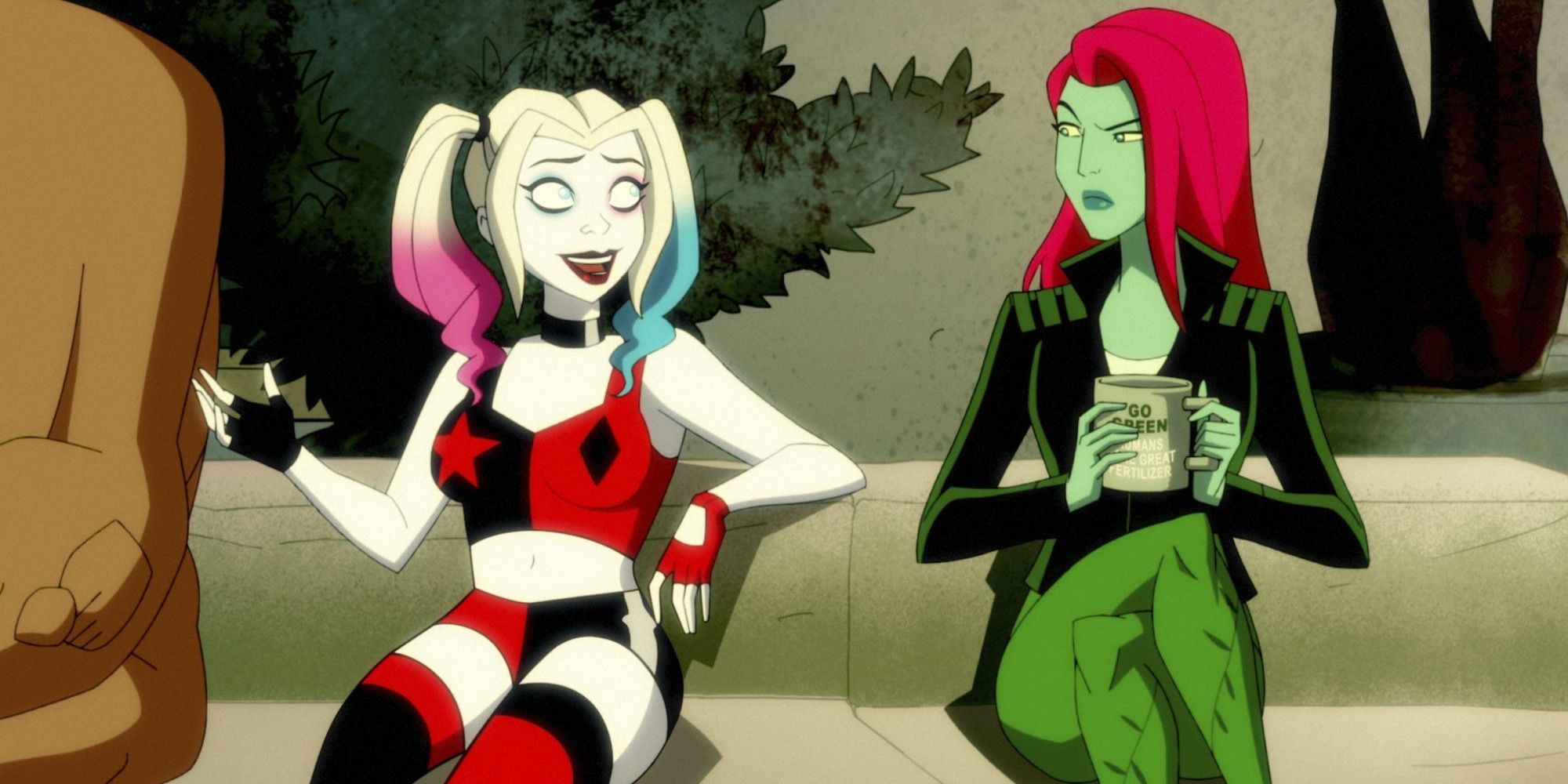 Harley Quinn sitting with Poison Ivy.
