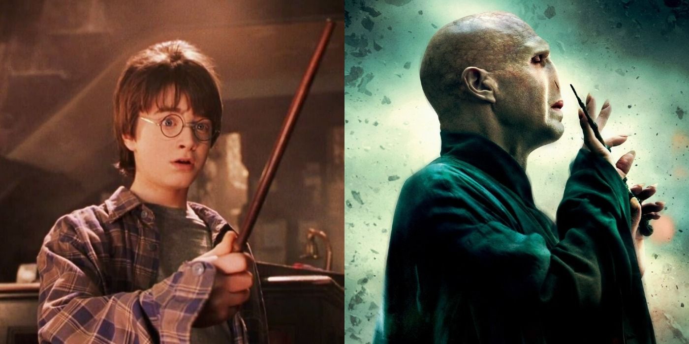 A split image showing Harry Potter on the left and Voldemort on the right.