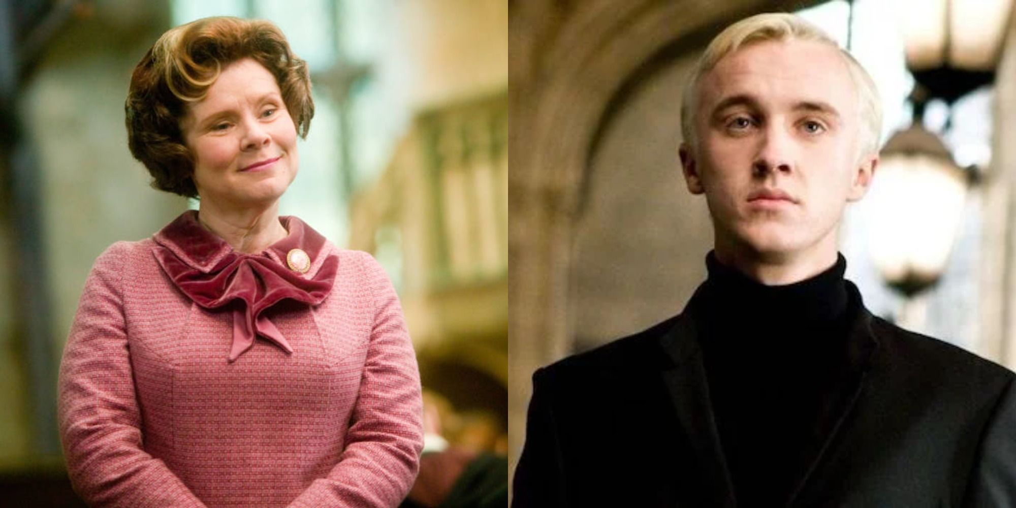 Split image showing Umbridge and Malfoy in Harry Potter.
