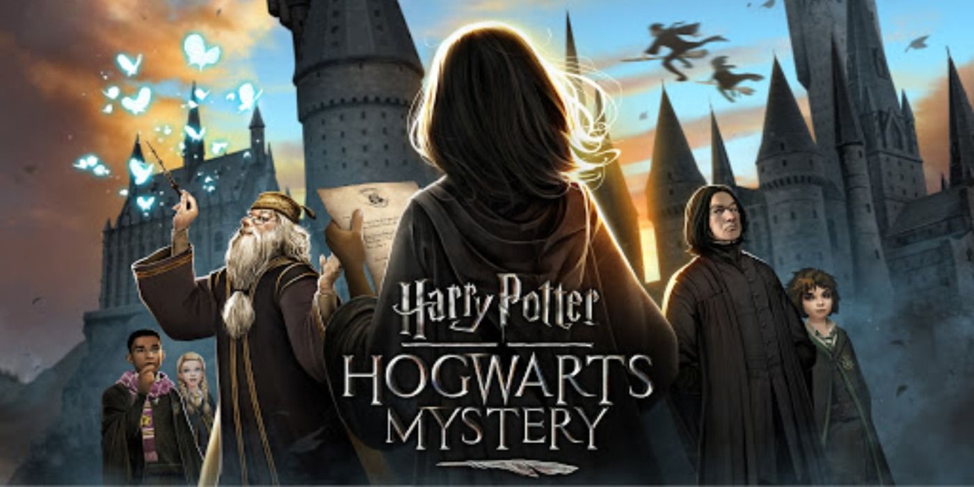 Several characters from the movies in front of Hogwarts in Harry Potter Hogwarts: Mystery