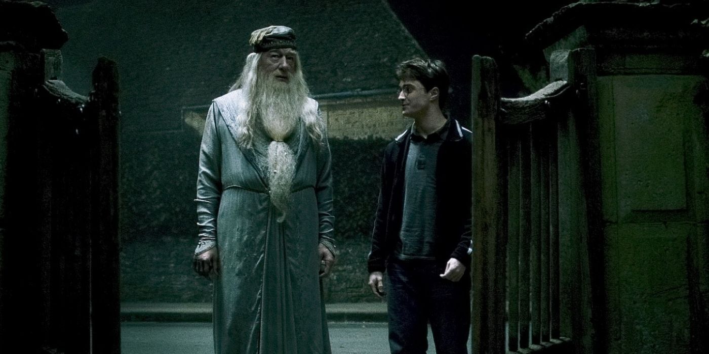 Dumbledore and Harry outside a house in Half-Blood Prince.