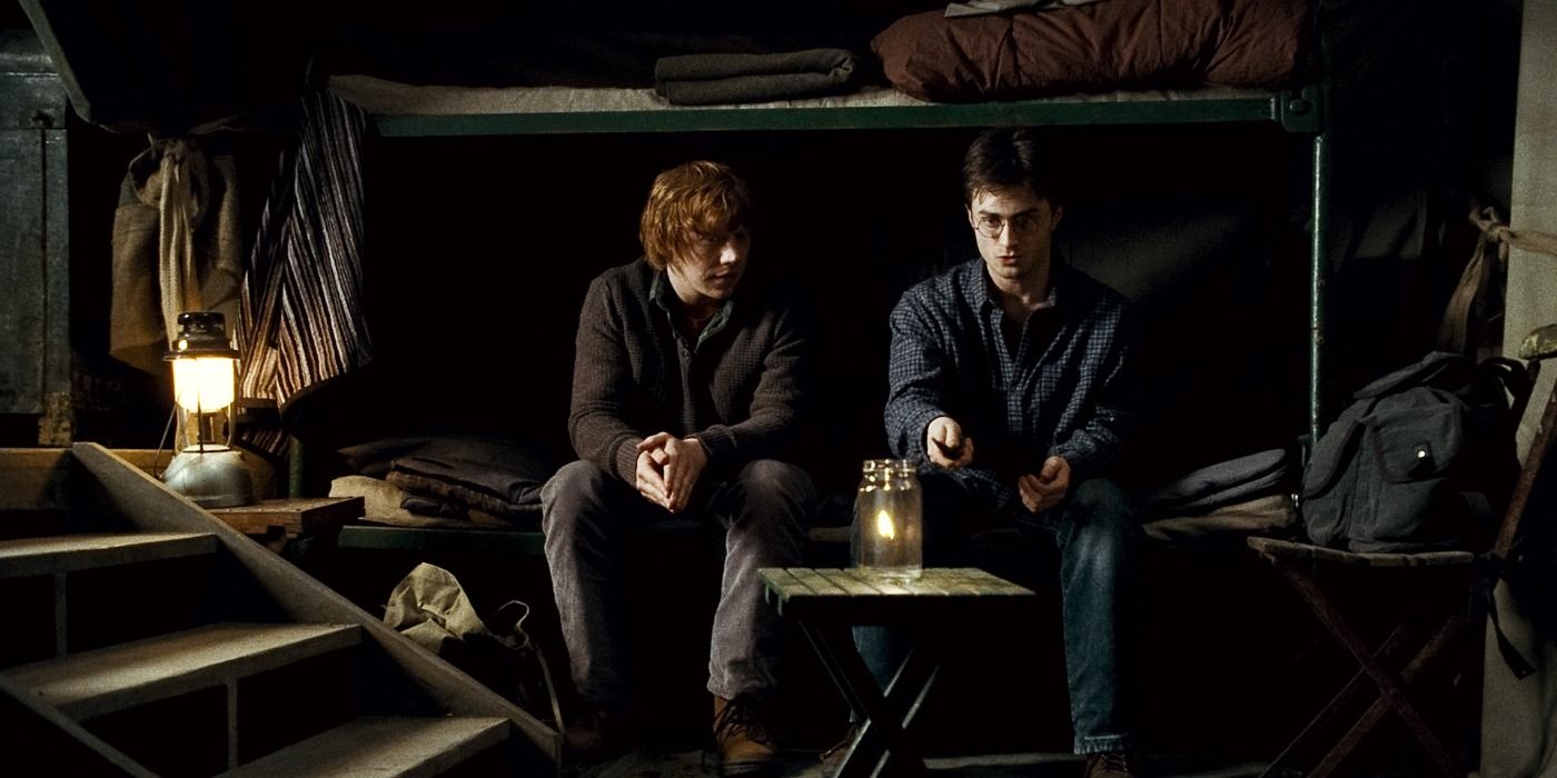 Harry sits with Ron and attempts to use Incendio in Harry Potter and the Deathly Hallows