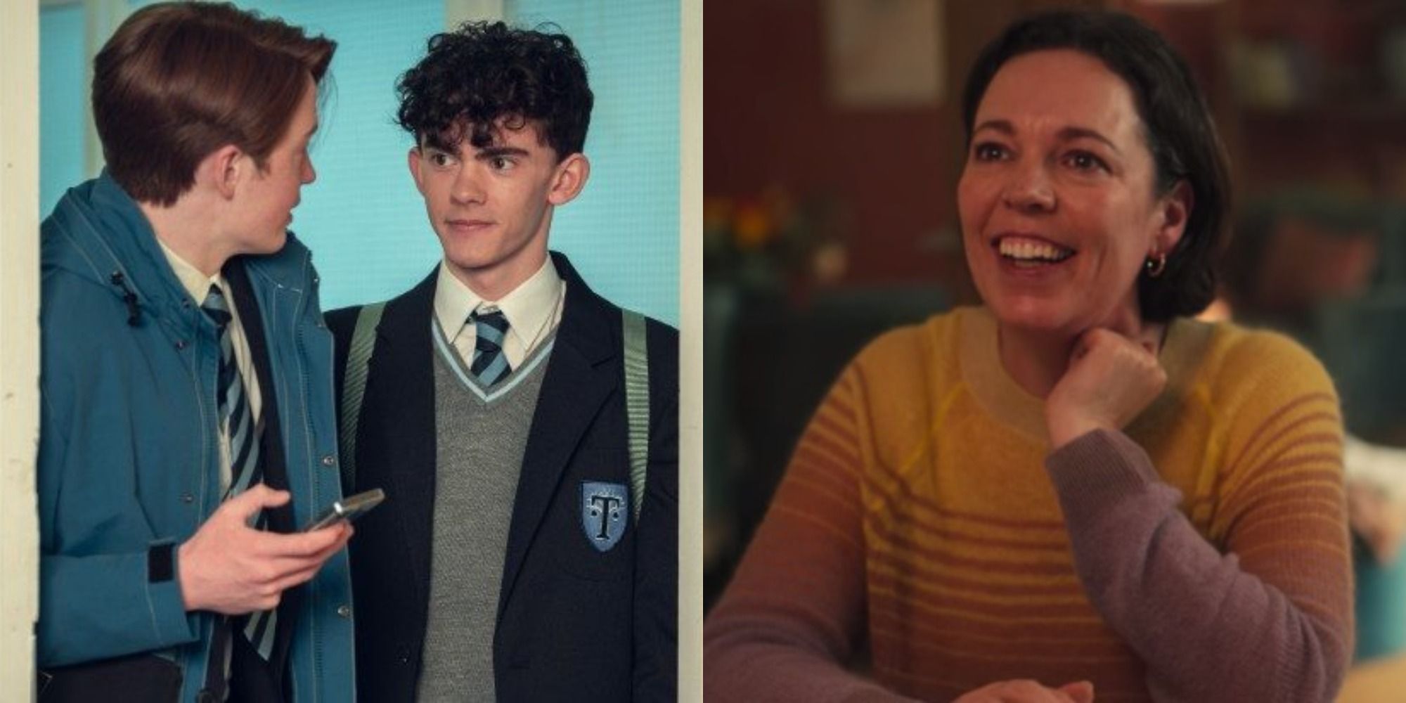 Split image of Nick and Charlie at school and Sarah smiling in Heartstopper