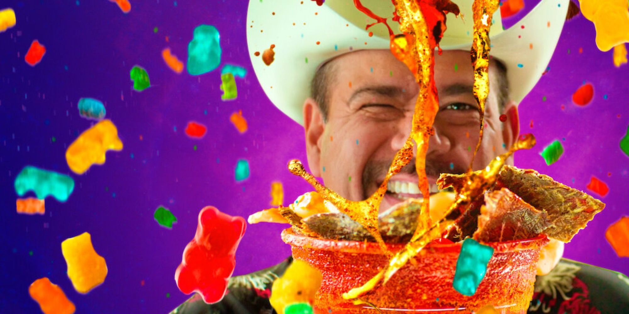 A man in a cowboy hat pours sauce on food from Heavenly Bites: Mexico