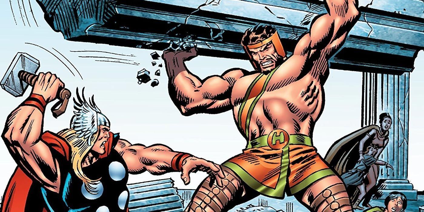 Hercules and Thor fight in Marvel Comics.