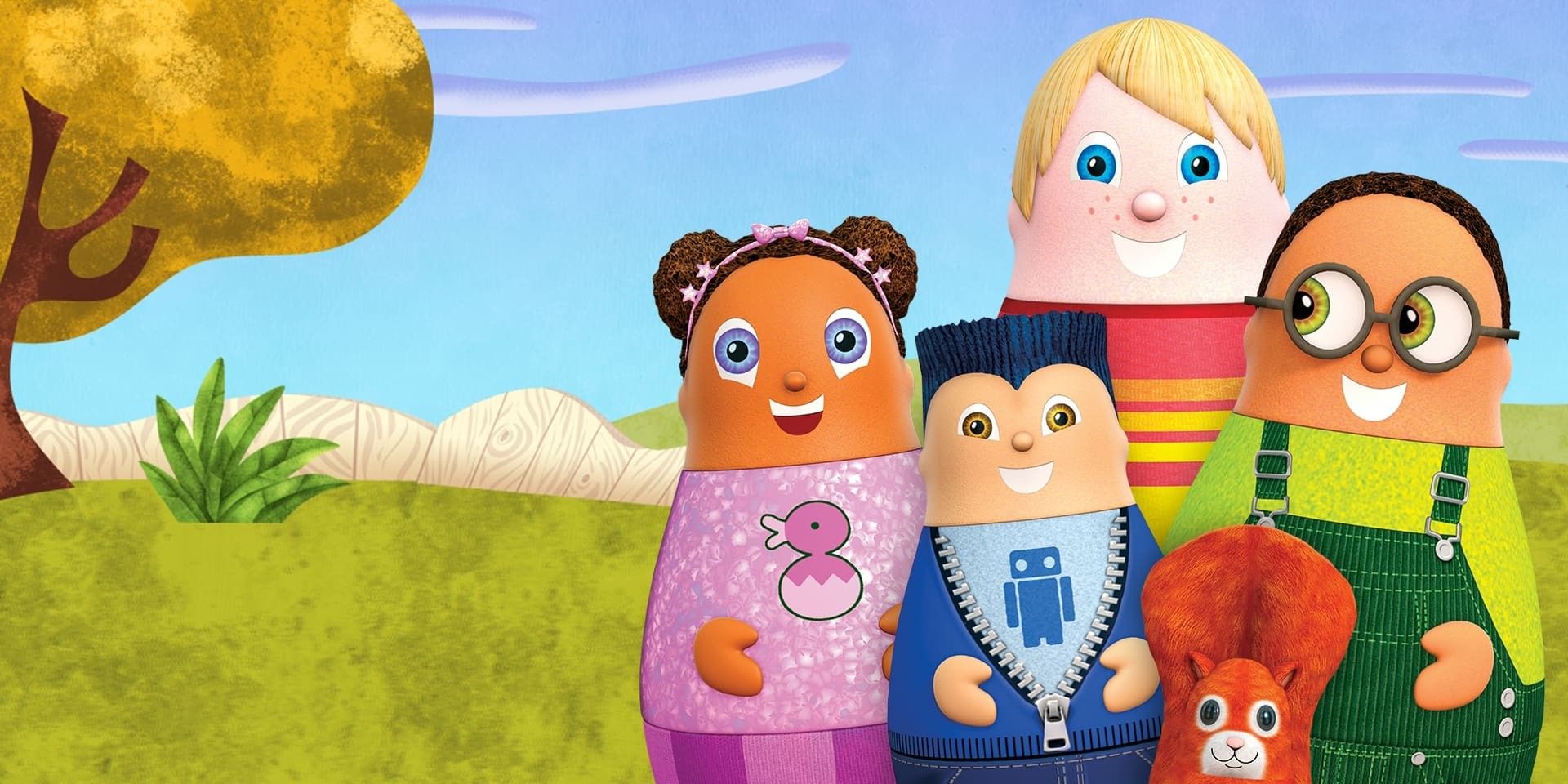 Higglytown Heroes stand together in a yard. 