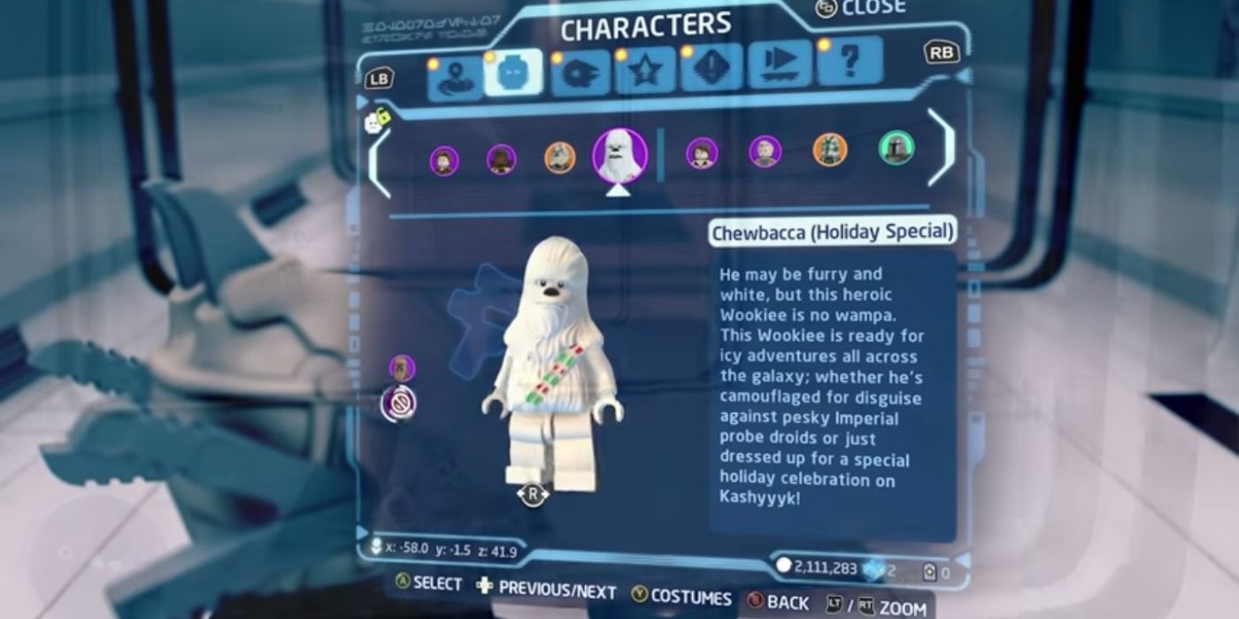 Holiday Special Chewbacca character screen in LEGO STar Wars The Skywalker Saga