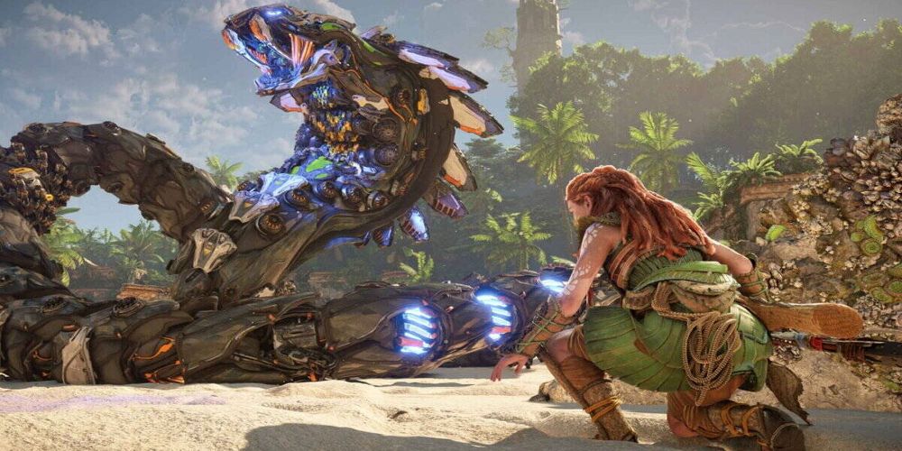 Aloy faces a Slitherfang in Horizon Forbidden West