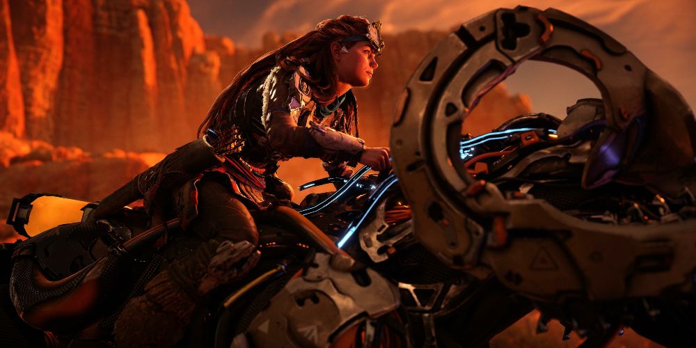 Aloy mounts a machine in Horizon Forbidden West