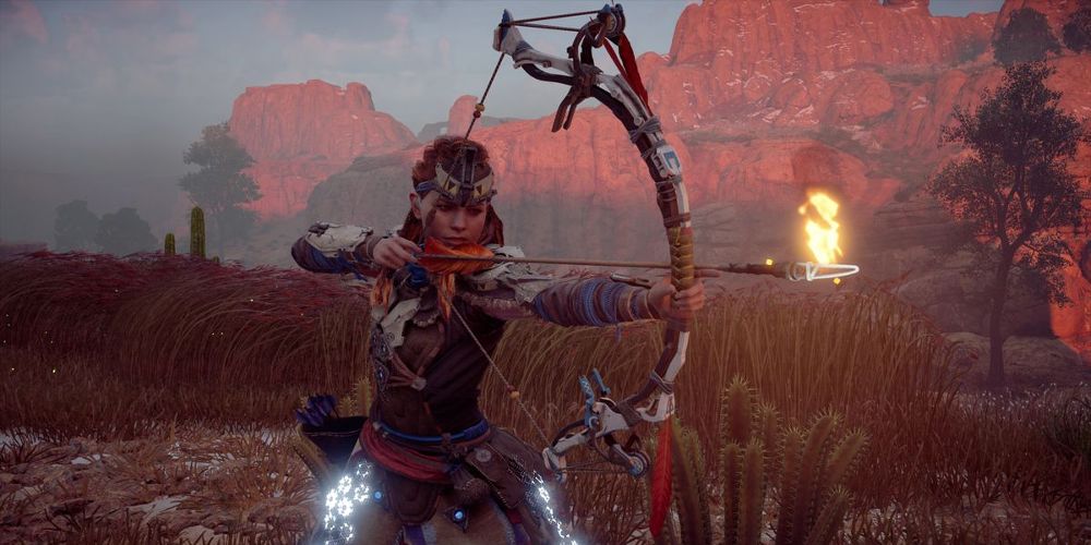 Aloy aims a War Bow in Horizon Zero Dawn