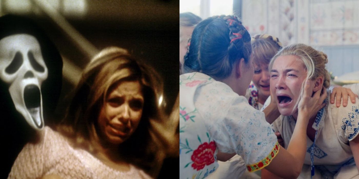Split image of Ghostface and Cici in Scream 2 and Dani screaming in Midsommar