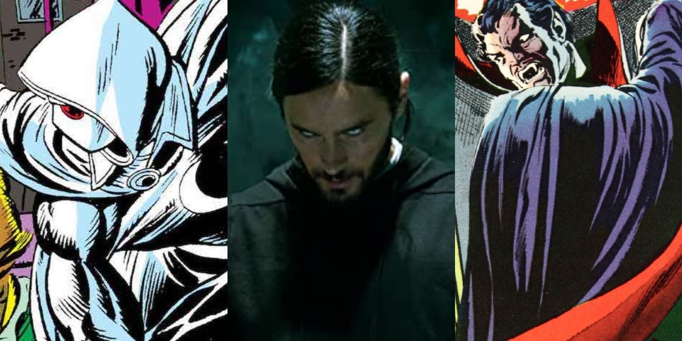 Split image of Moon Knight and Dracula from Marvel Comics, and Morbius from the Sony movie.