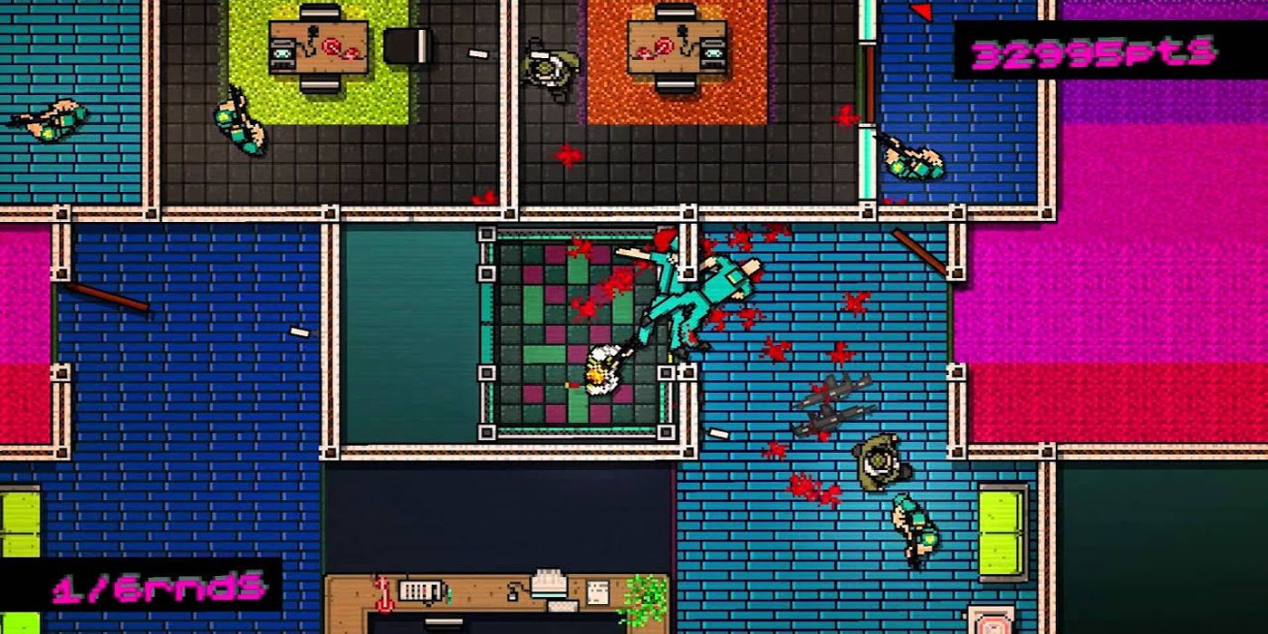 Top down view of the player in a shoot out in Hotline Miami.