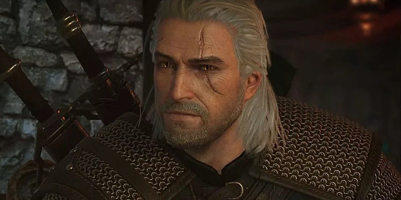 A close-up shot of Geralt's face in The Witcher 3