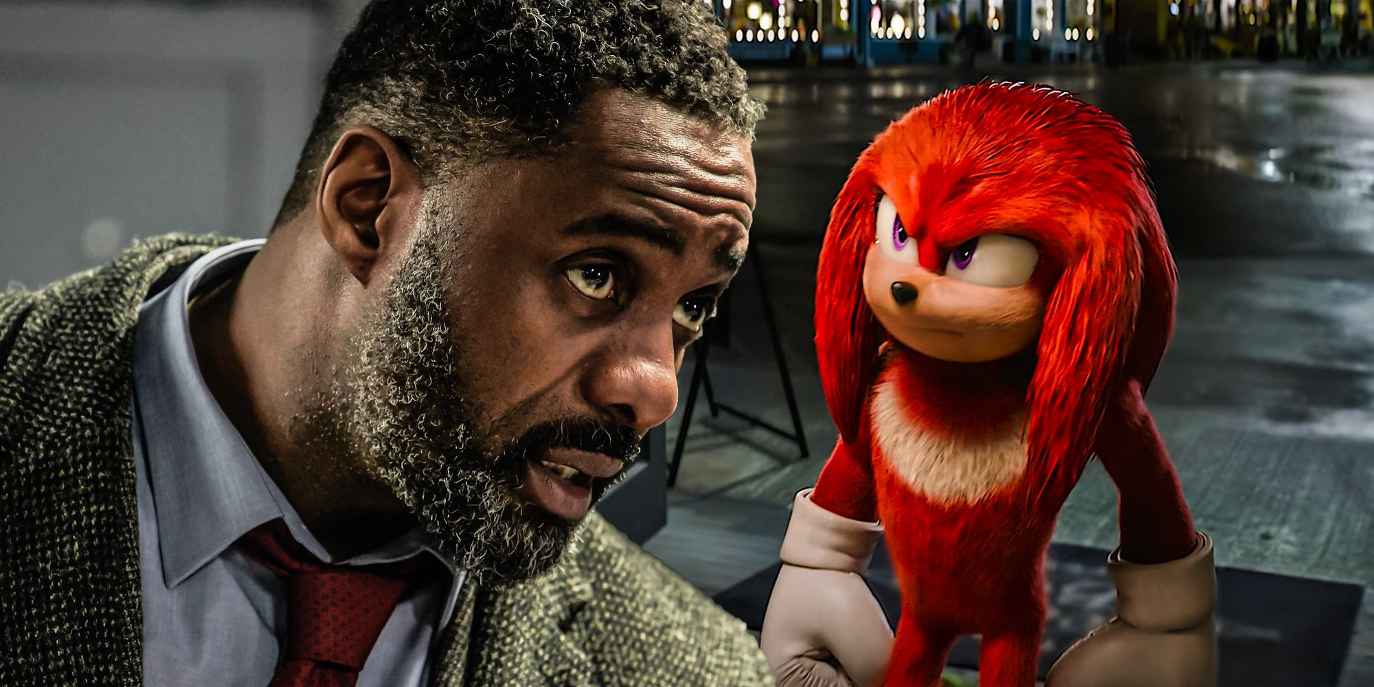 Split image of Idris Elba in Luther and Knuckles Sonic 2