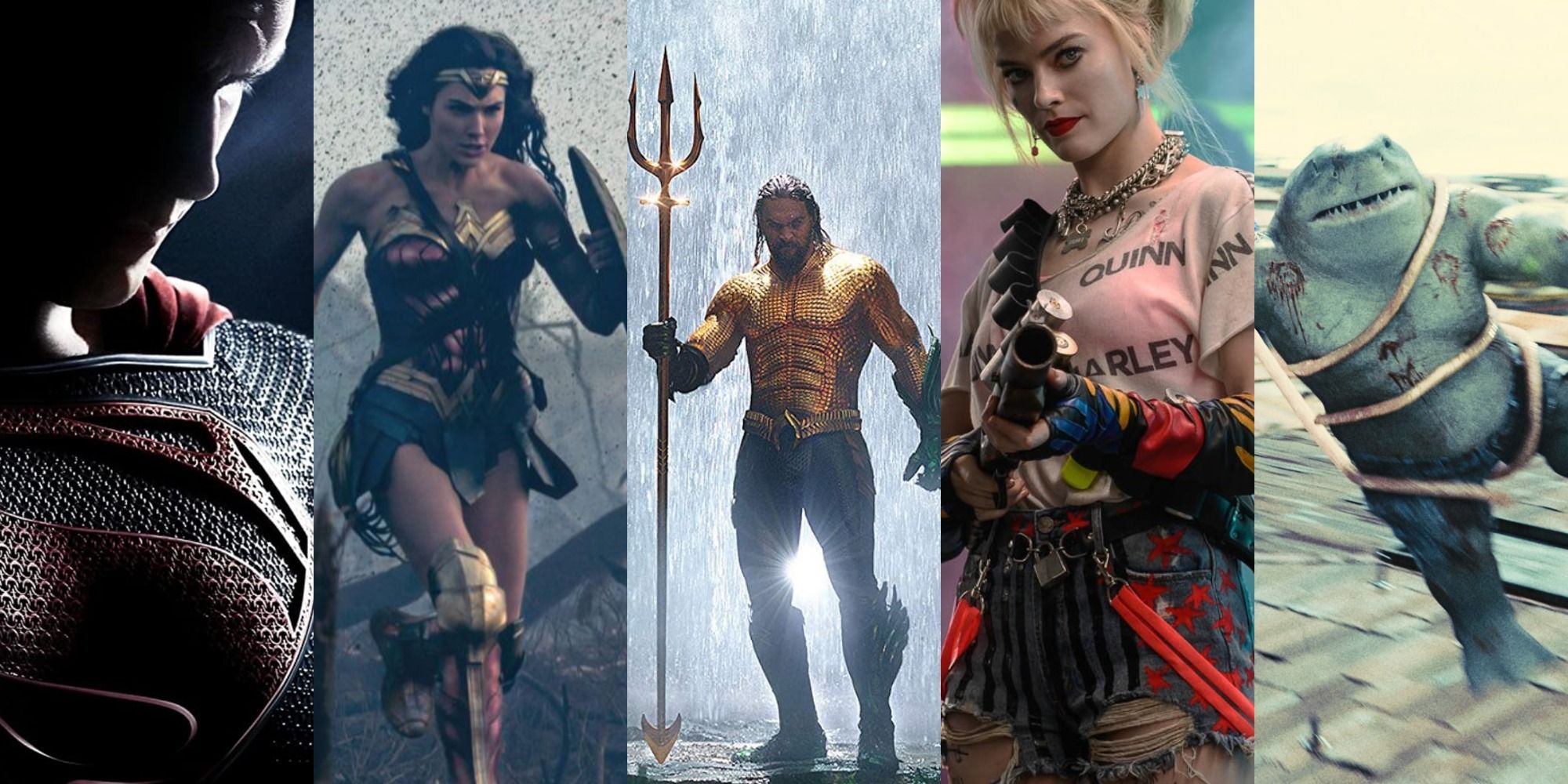 Images from Man of Steel, Wonder Woman, Aquaman, Birds of Prey, The Suicide Squad