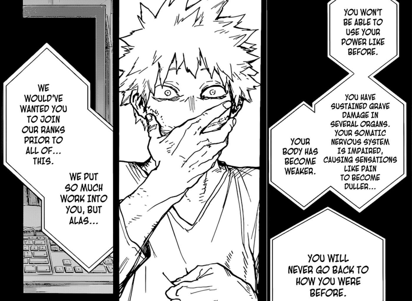 In a flashback, Dabi is told the extensive amount of damage he sustained when he should have died in My Hero Academia chapter 350.