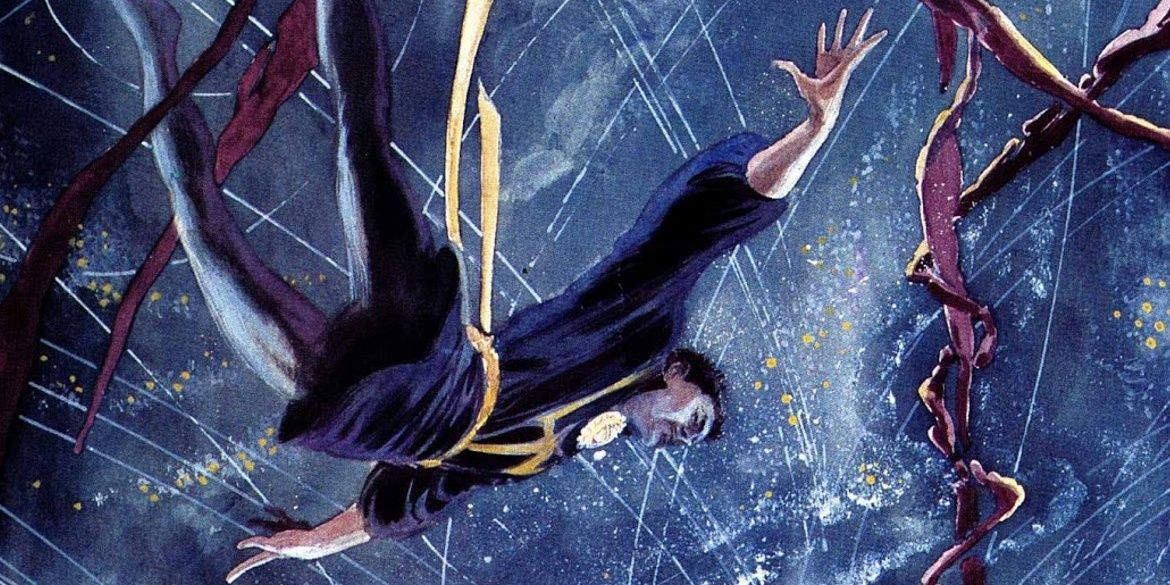 Doctor Strange falling in a dark, void-looking realm.