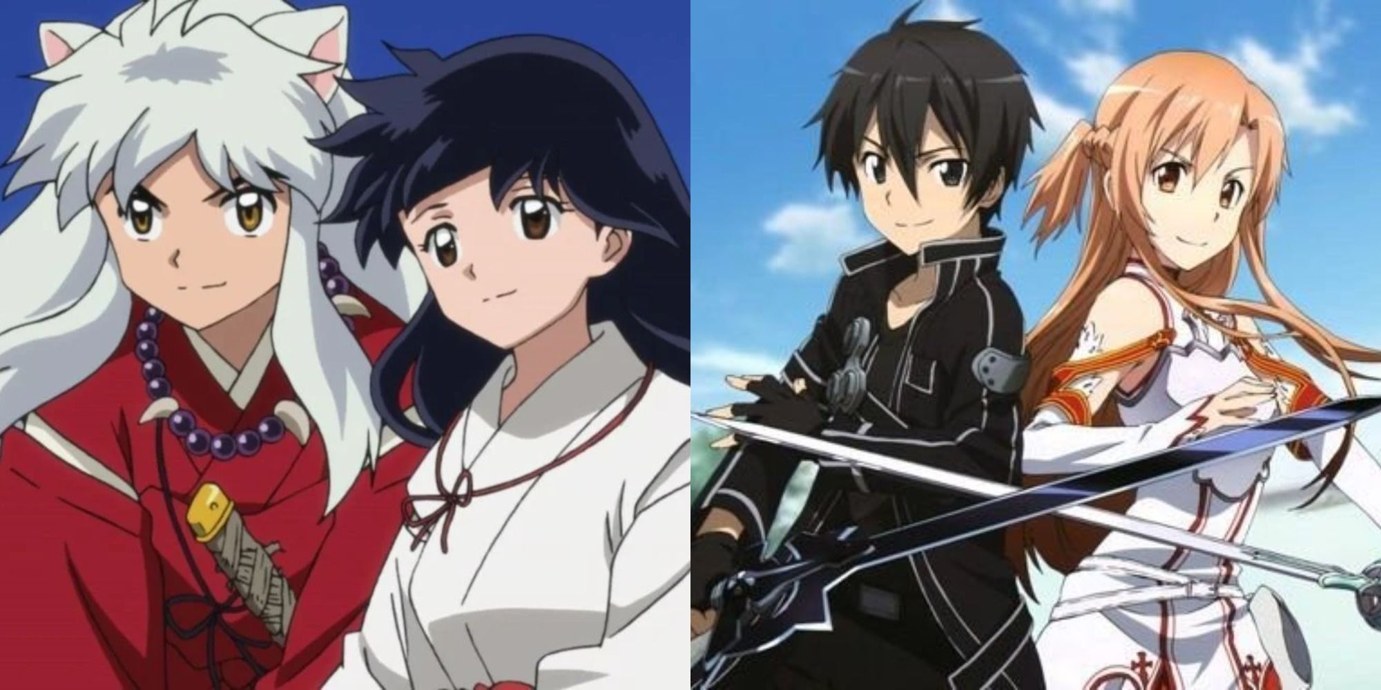 Split image showing Inuyasha and Kagome and Kirito and Asuna in Sword Art Online.