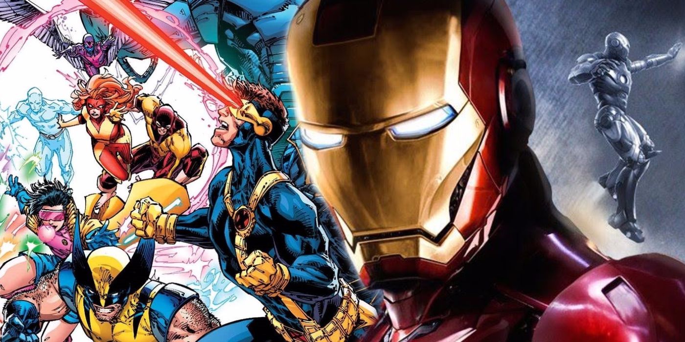MCU Iron Man (primer plano) con Marvel Comics X-Men al fondo