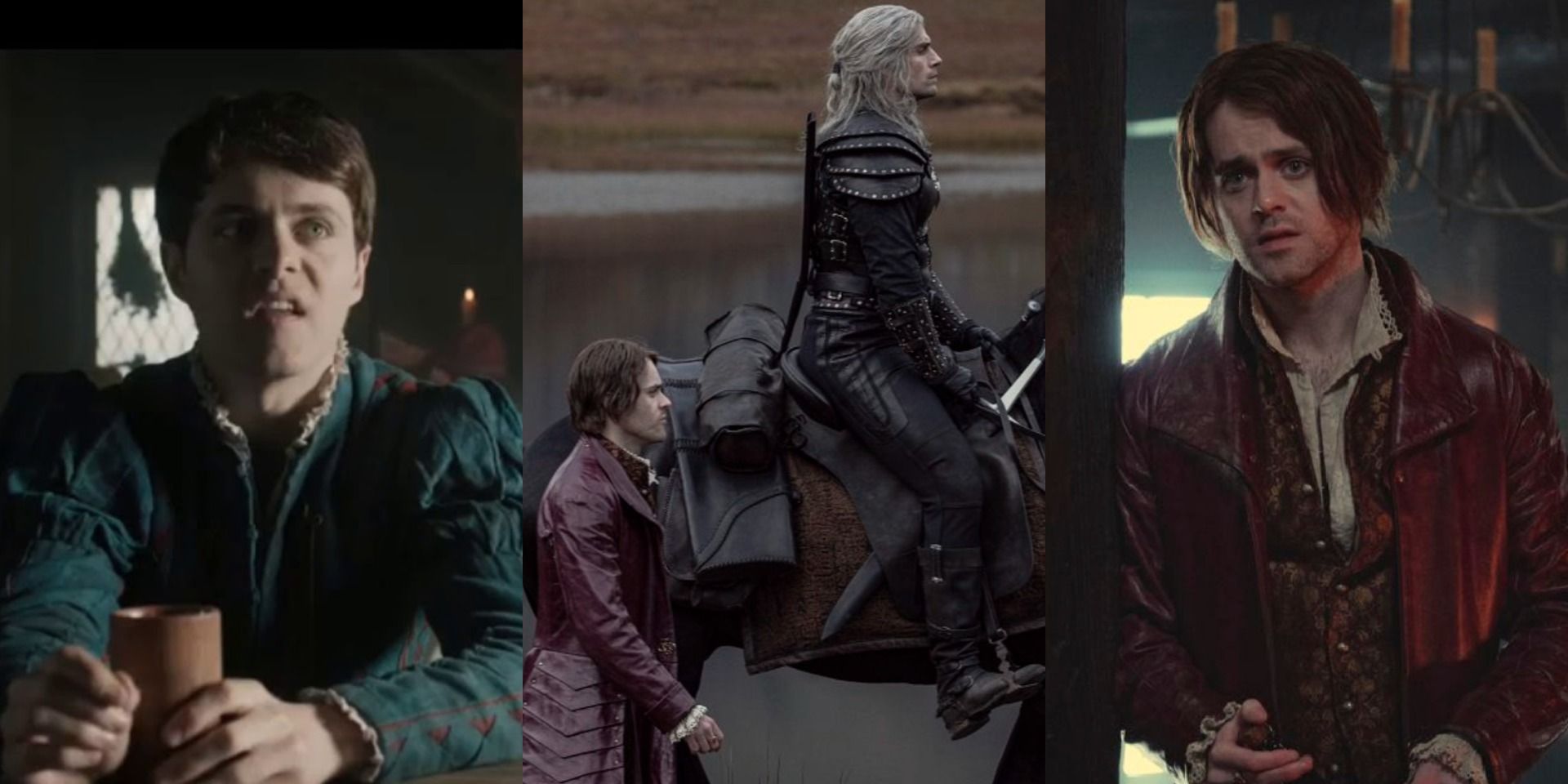 Three scenes featuring Jaskier from The Witcher.
