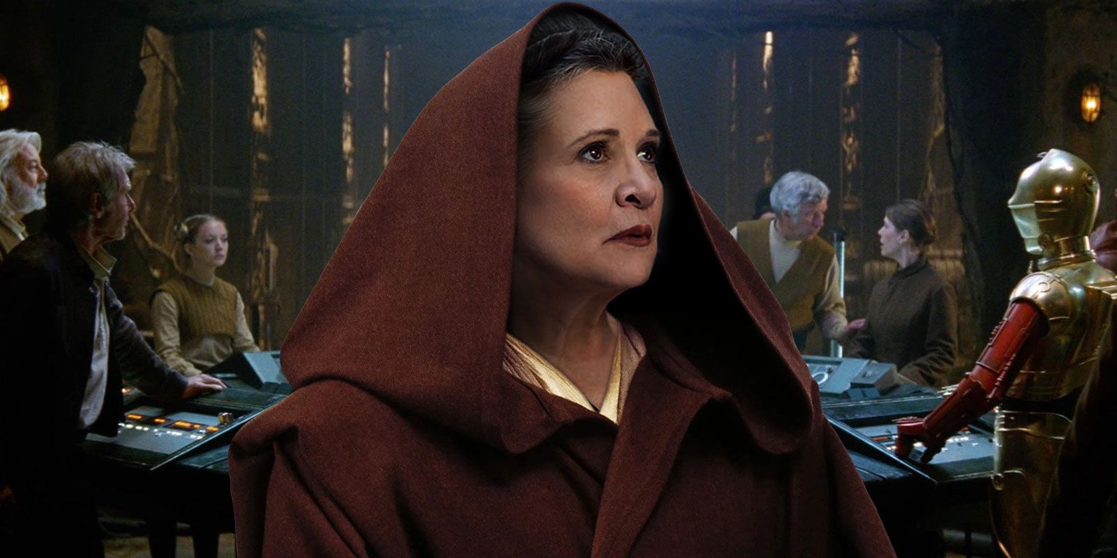Jedi Master Leia in her robes, in the Resistance HQ.