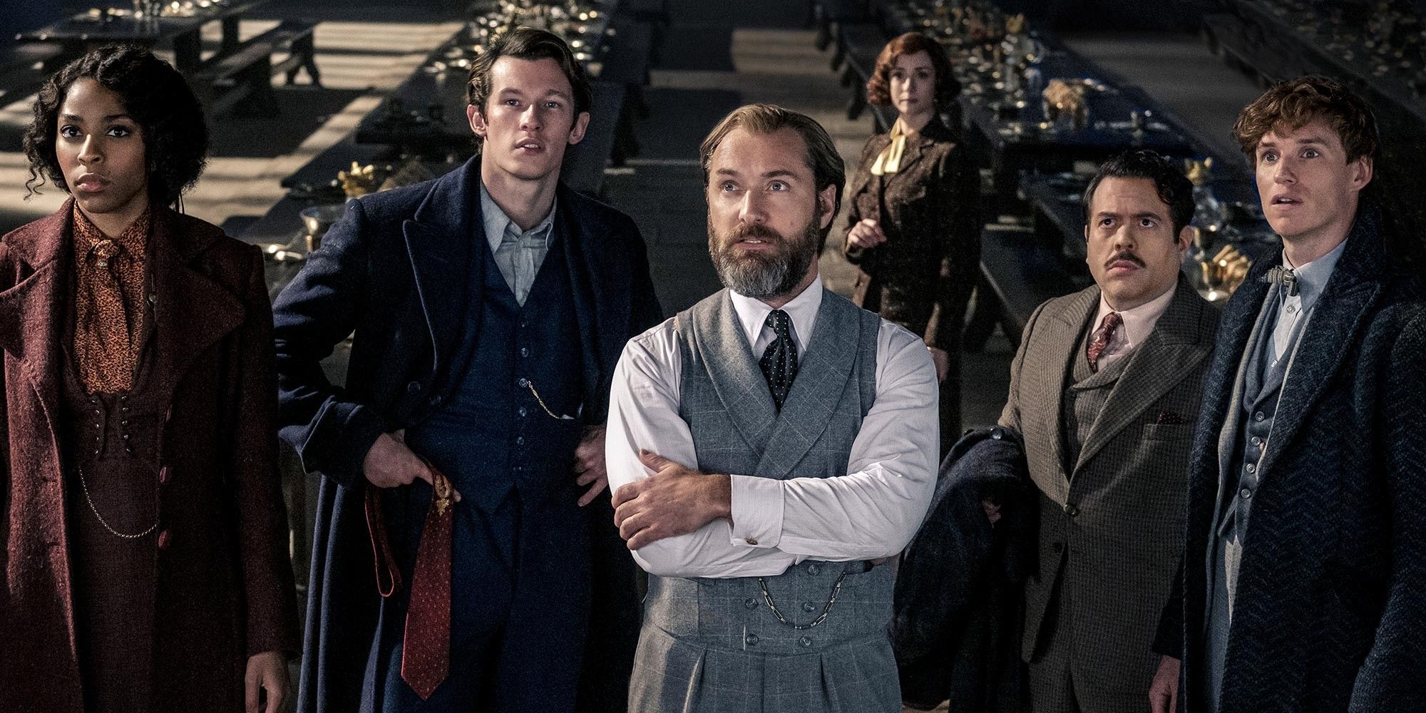 Jessica Williams Callum Turner Jude Law Dan Folger and Eddie Redmayne in Fantastic Beasts The Secrets of Dumbledore