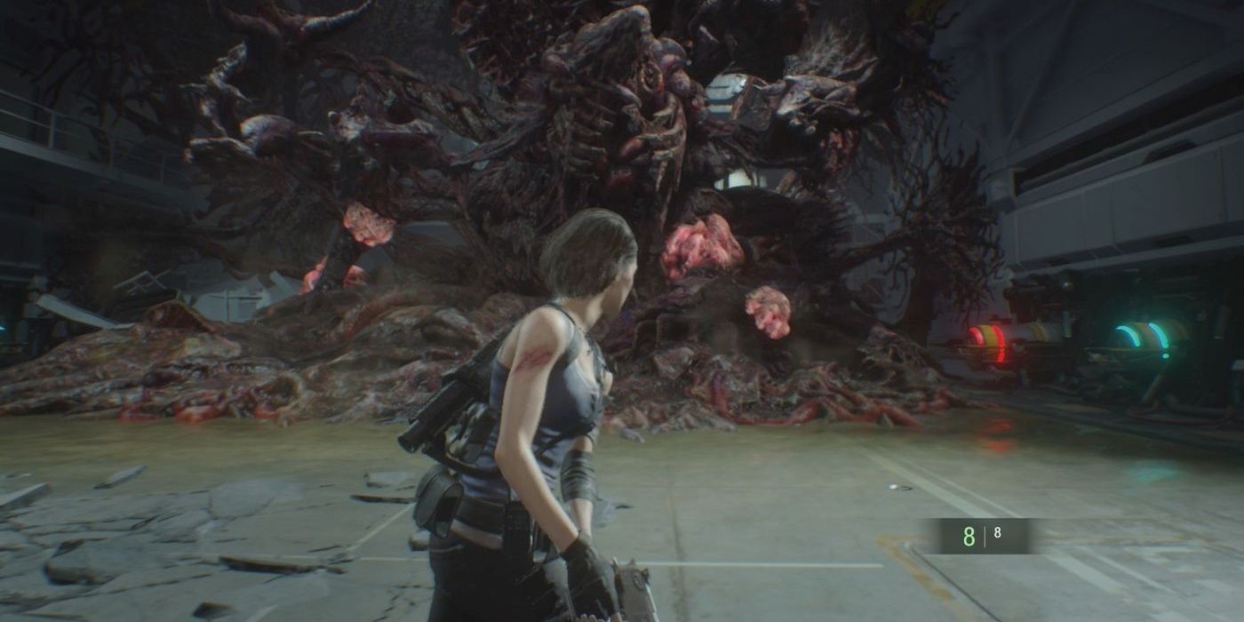 Jill fighting Nemesis' last form in Resident Evil 3 