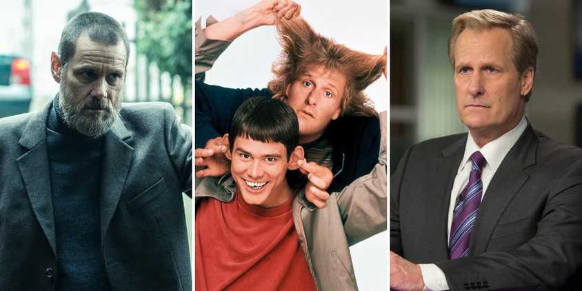 Jim Carrey in Dark Crimes; Jim Carrey and Jeff Daniels in Dumb And Dumber; Jeff Daniels in The Newsroom