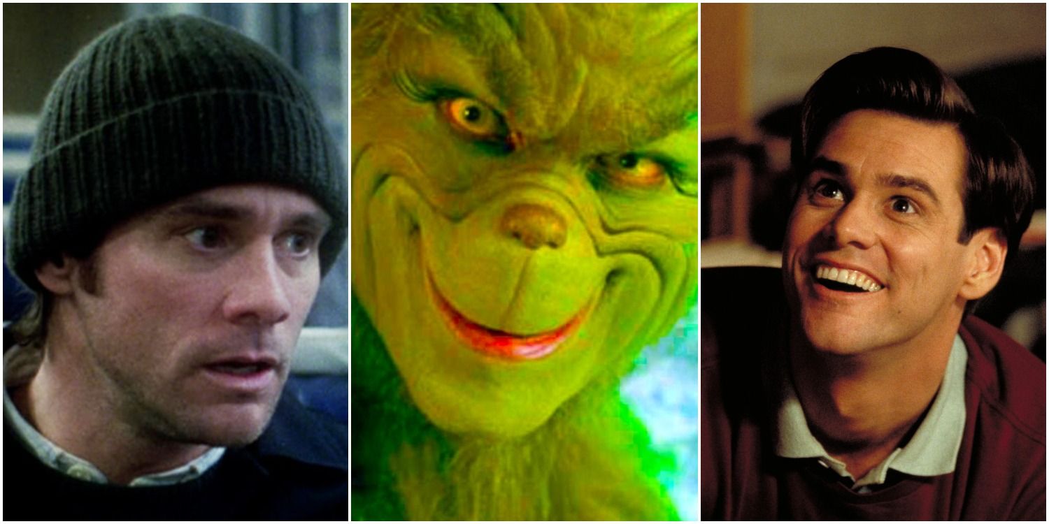 Jim Carrey in Eternal Sunshine of the Spotless Mind, How The Grinch Stole Christmas and The Truman Show Split Image