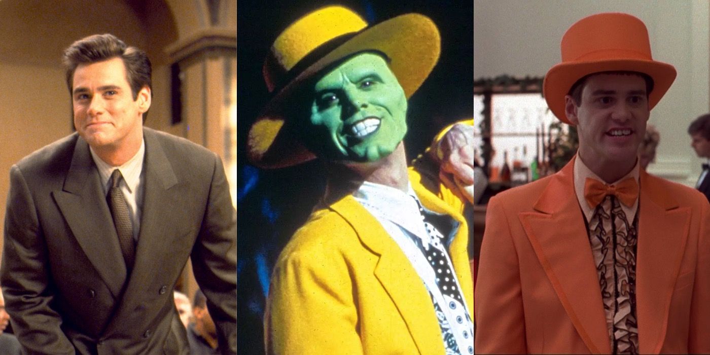 Jim Carrey as Fletcher in Liar Liar, Stanley in The Mask and Lloyd in Dumb and Dumber in a split image
