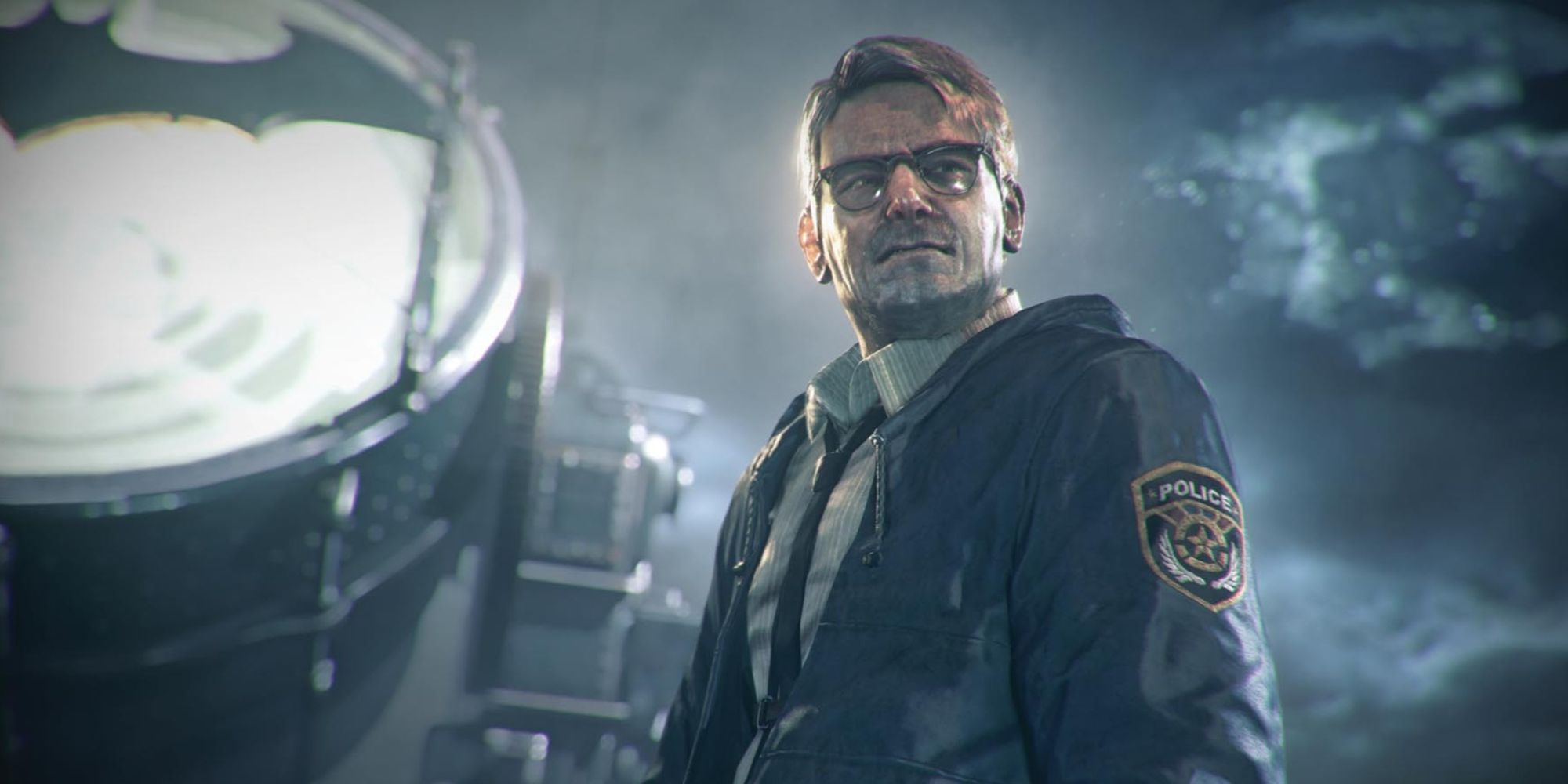 Jim Gordon beside the Bat-Signal in Batman Arkham Knight