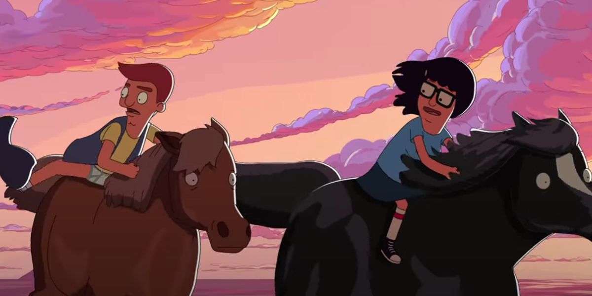 Jimmy Pesto Jr removing his pants while riding horses with Tina Belcher in The Bob's Burgers Movie