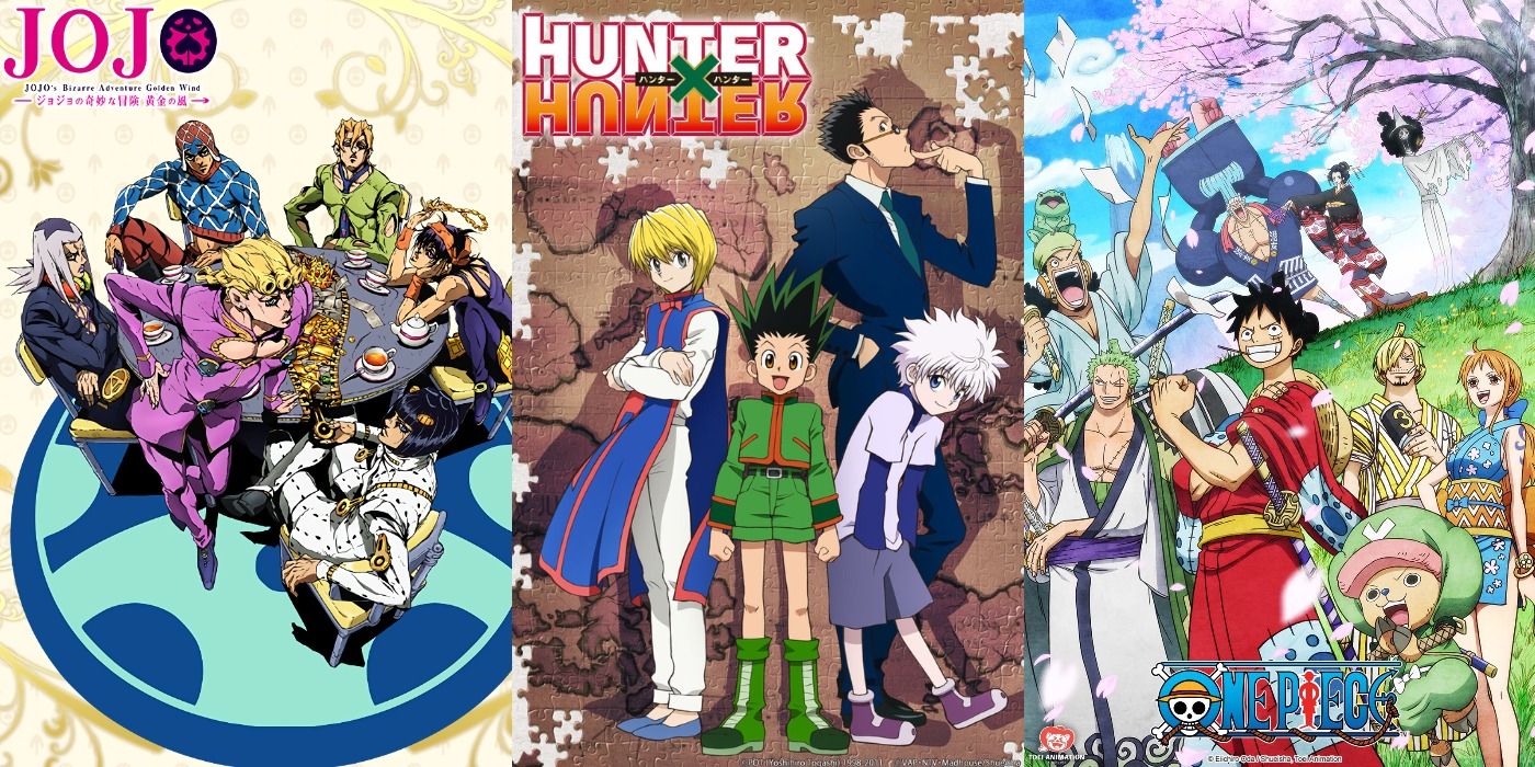 Split image of JoJo, Hunter x Hunter, and One Piece promo posters