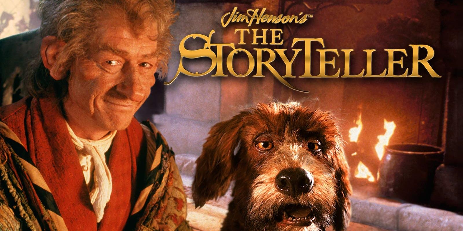 John Hurt smiling while sitting with a dog in The Storyteller