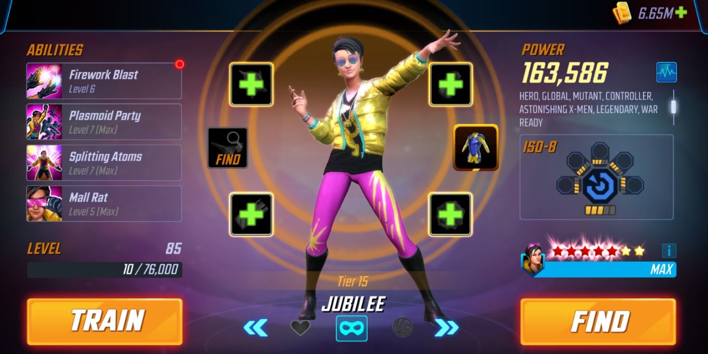 Jubilee's roster page in Marvel Strike Force