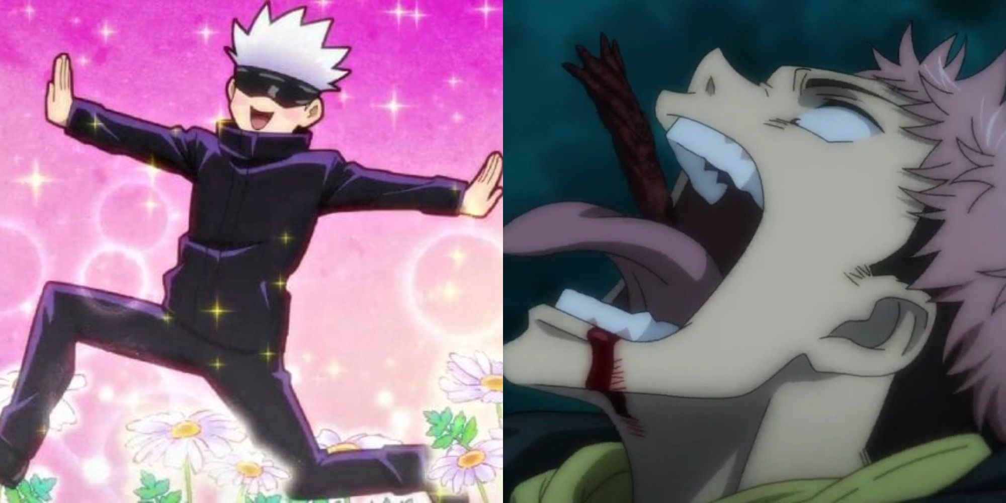 Split image showing Gojo and Yuji in Jujutsu Kaisen.