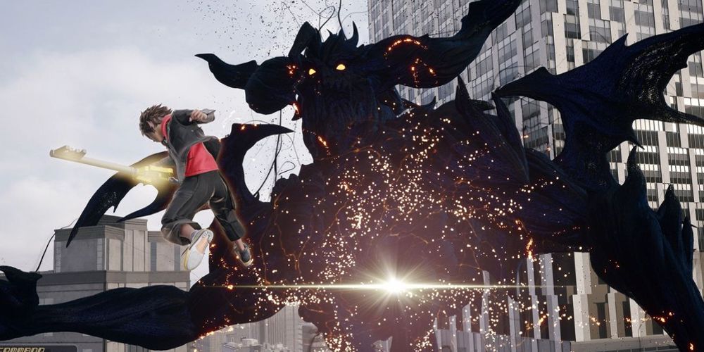 Sora uses his Keyblade to hit a gigantic Heartless, causing sparks to erupt from the creature&rsquo;s chest