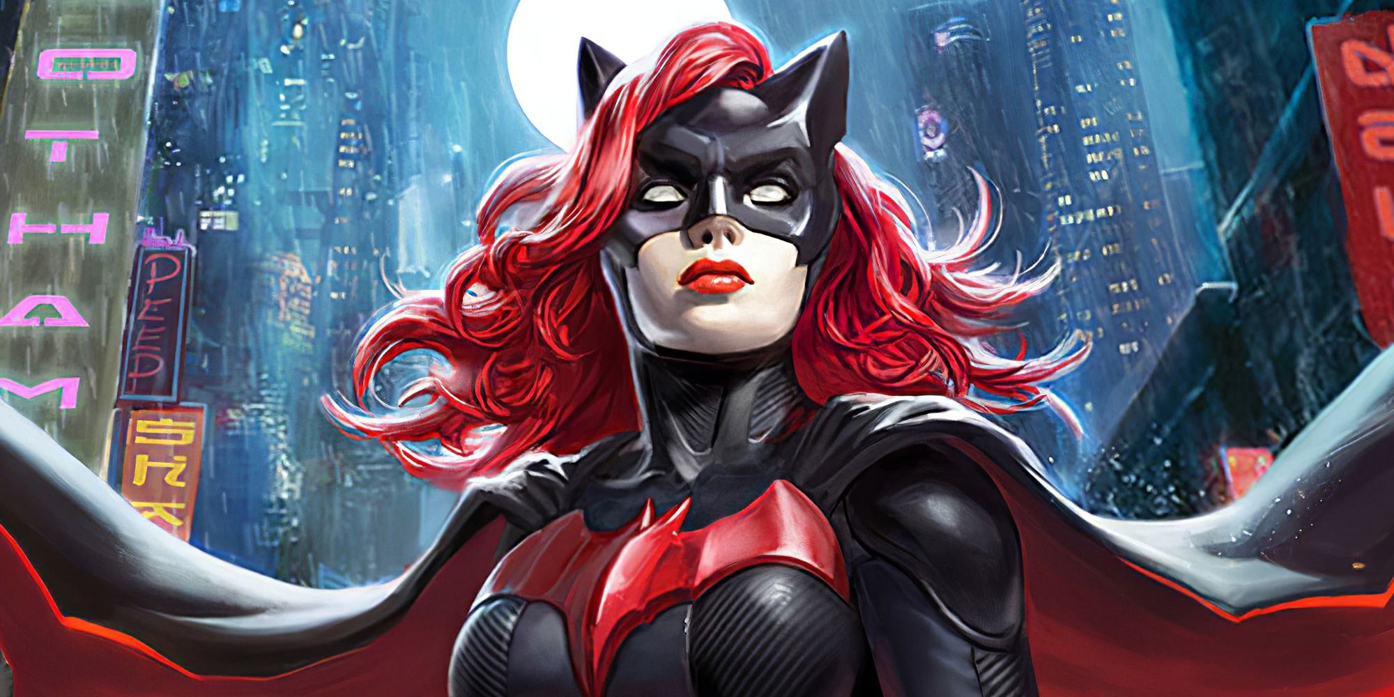Kate Kane AKA Batwoman standing in a rainy Gotham City