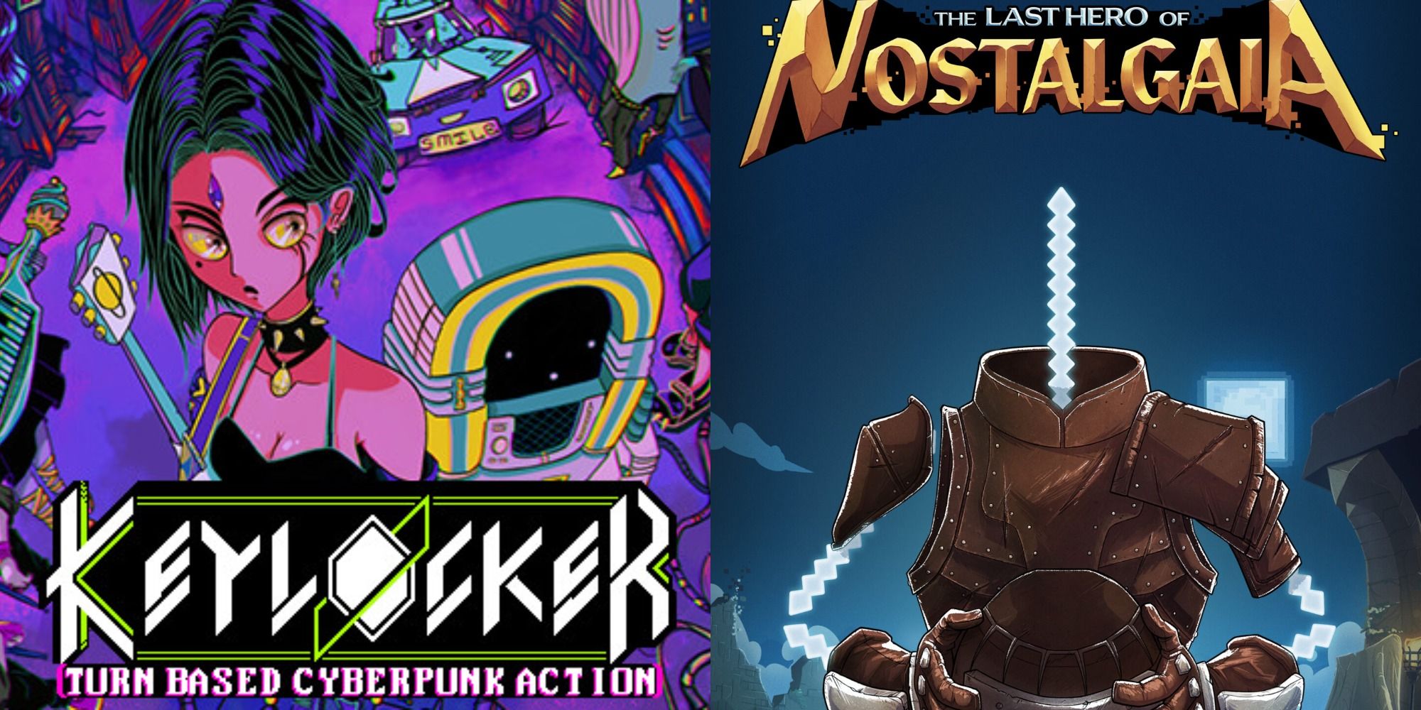 Split image showing artwork for Keylocker and The Last Hero of Nostalgaia.