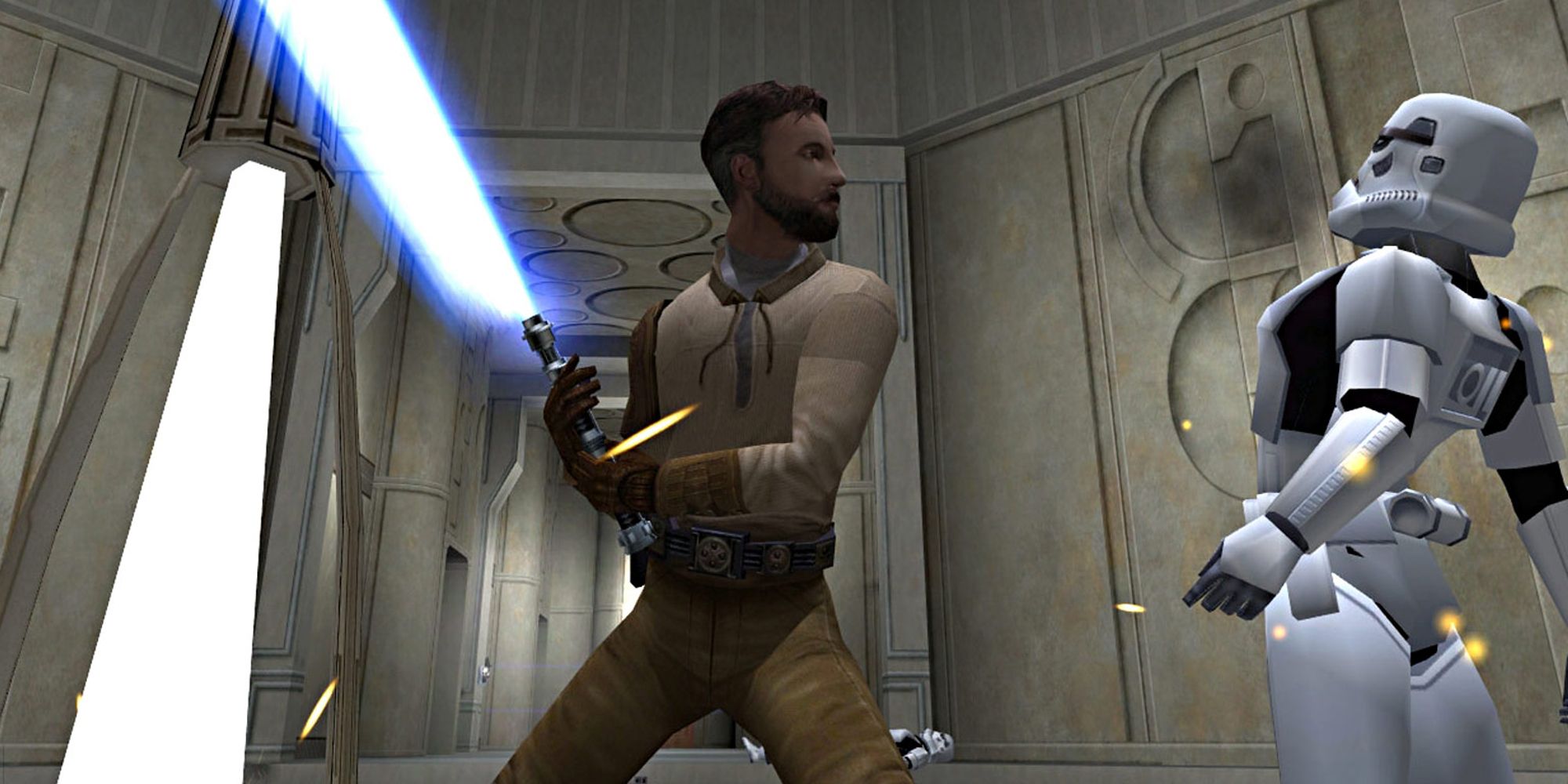 Kyle Katarn slashing a stormtrooper in Star Wars Jedi Knight II Jedi Outcast