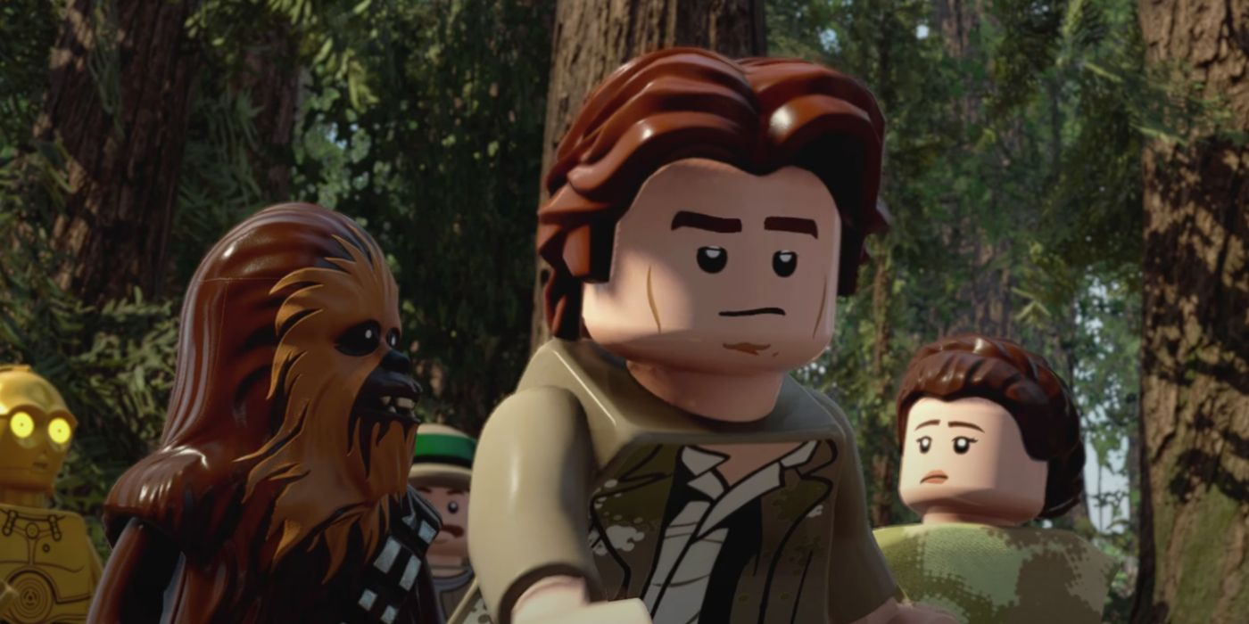 Han, Leia, Chewbacca, and C-3P0 on Endor in LEGO Skywalker Saga Episode VI